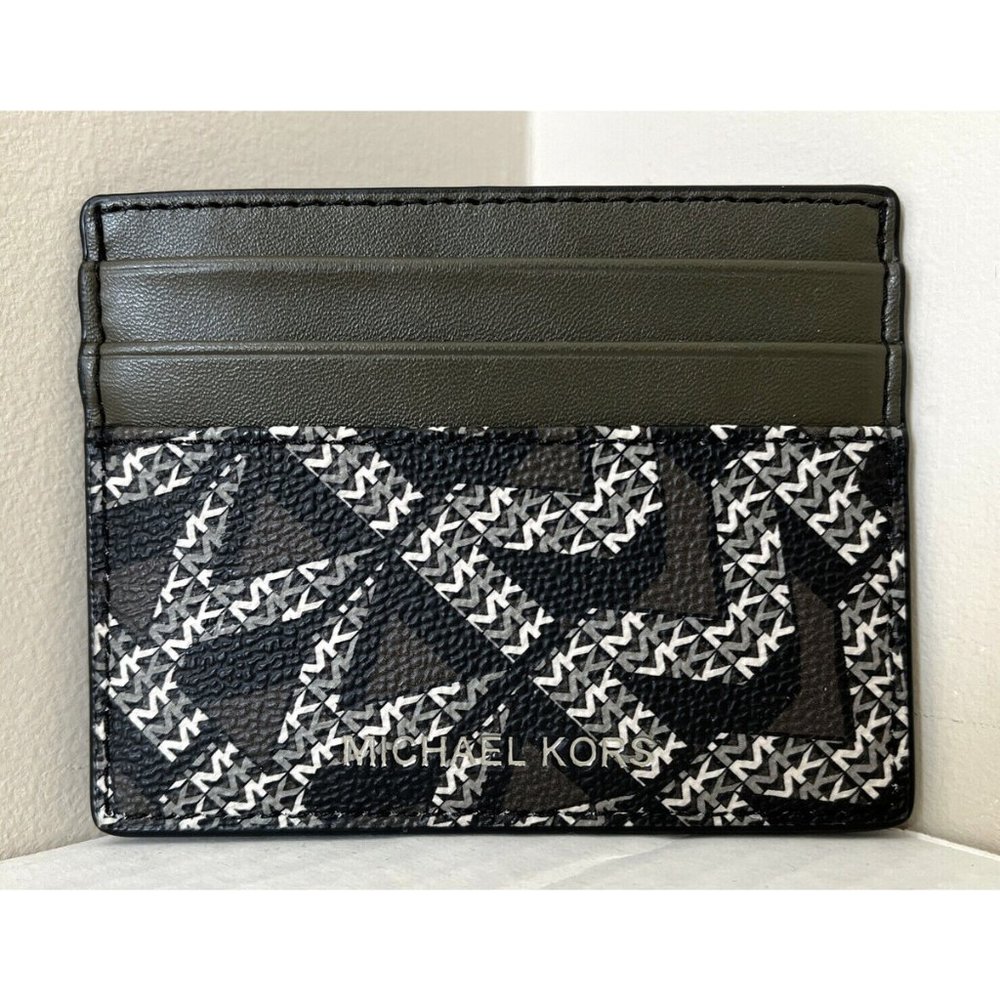New Michael Kors Cooper Tall card case PVC with Leather Olive / Army Green Multi